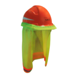 Nuquera de malla marca LICA color naranja, la cual se fija al casco de protección para ayudar a soportar el daño provocado por los rayos UV del sol.