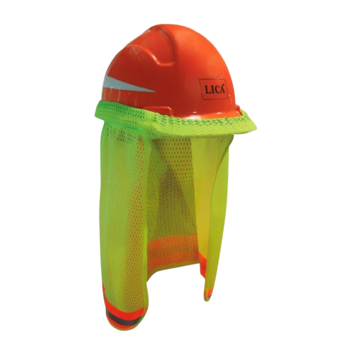 Nuquera de malla marca LICA color naranja, la cual se fija al casco de protección para ayudar a soportar el daño provocado por los rayos UV del sol.